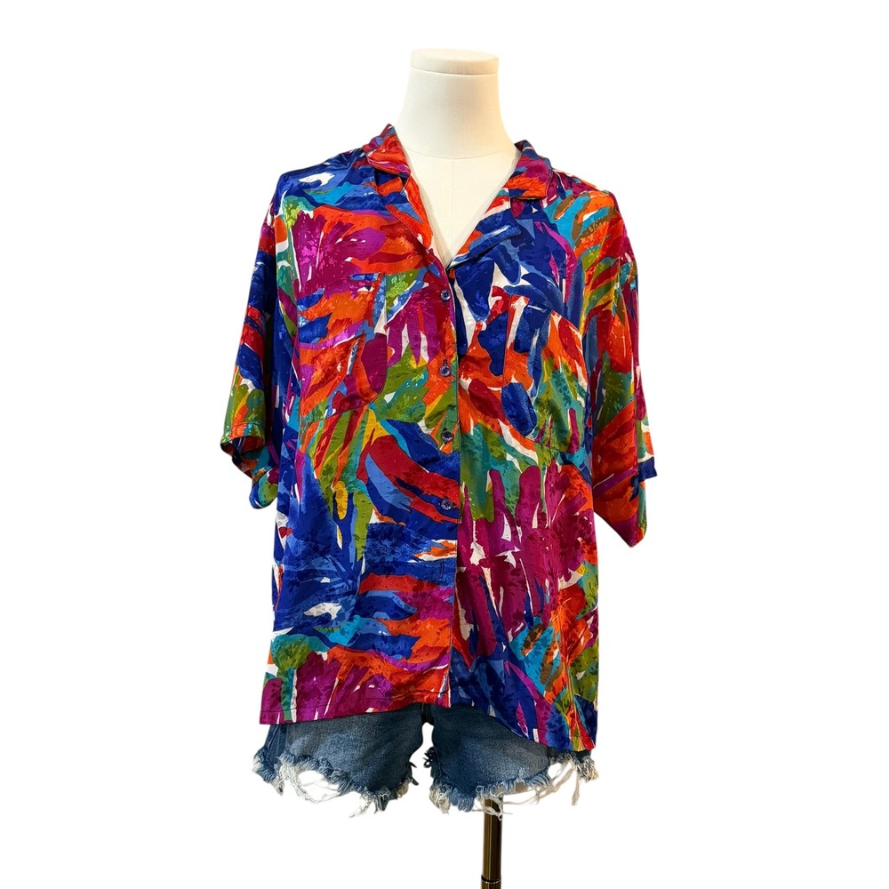 Shapely Vintage Abstract Floral Button Up Shirt Multicolor Size 12 Retro 90s